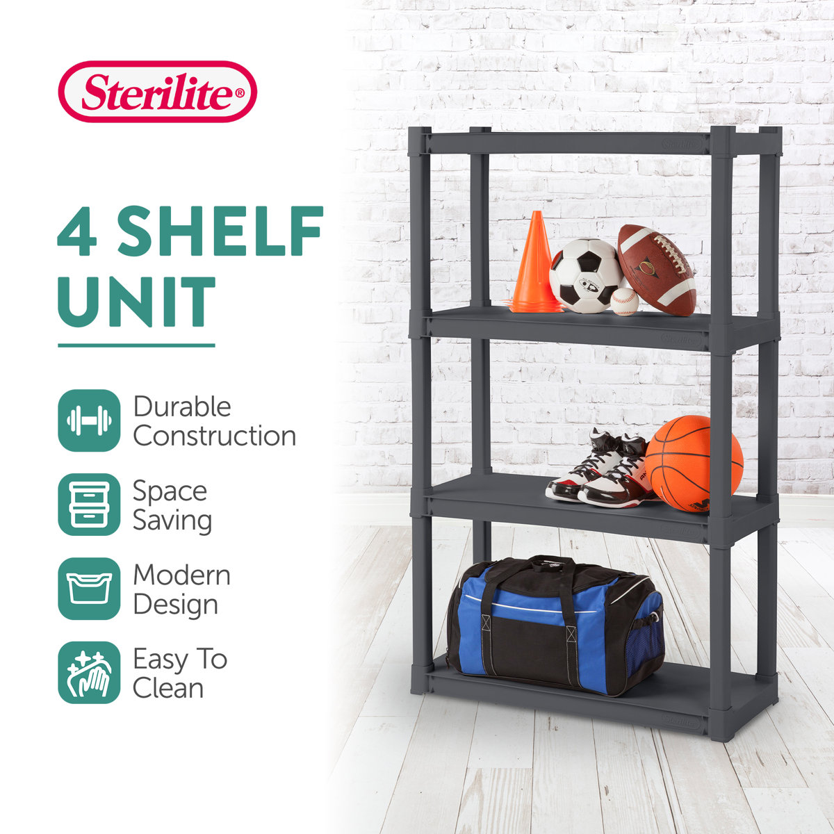 Sterilite 4 Shelf Unit Heavy Duty & Easy to Assemble Plastic Storage Unit